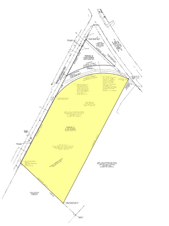 Image of ALTA survey completed in January, 2021 with 8.79 acre "Parcel A" highlighted in yellow. - If you have additional questions regarding 8855 Burklund Farms Road  in Austin or would like to tour the property with us call 800-660-1022 and reference MLS# 1386950.