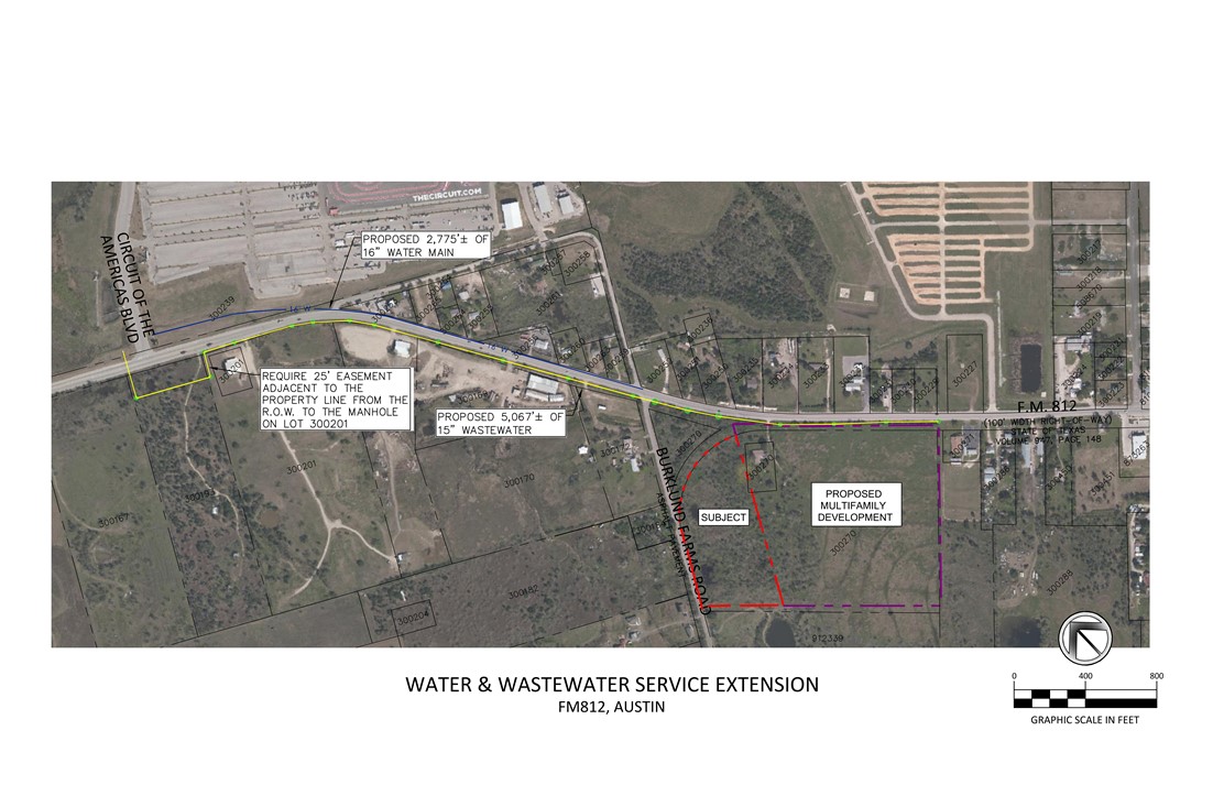 Shows proposed water and wastewater extension for the adjoining Multi Family project. Construction on the extension should begin the first quarter 2022. - If you have additional questions regarding 8855 Burklund Farms Road  in Austin or would like to tour the property with us call 800-660-1022 and reference MLS# 1386950.