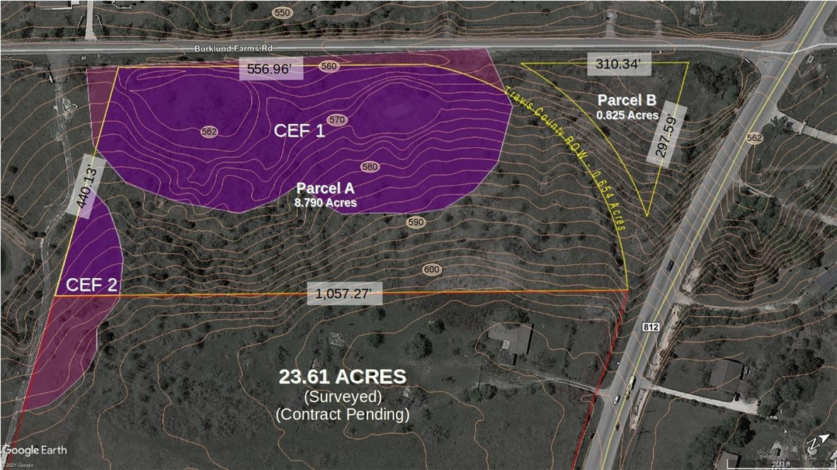 Aerial Detail with approximate 2ΓÇÖ Topographical Overlay with Critical Environmental Features (CEFΓÇÖs) that affect the property.  CEFΓÇÖs include a 150ΓÇÖ buffer zone around an identified ΓÇ£wetland areaΓÇ¥ as has been determined by the city of Austin. The buffer zones can be mitigated during the permitting process.  Estimated portion of CEF 1 that affects the property is approximately 4.18 acres;  estimated portion of CEF 2 that affects the property is approximately 0.38 acres.  2ΓÇÖ topographical contour overlay & CEF overlay data was provided by the city of Austin.  Outlines of tracts were created based upon an overlay of a recent survey. - If you have additional questions regarding 8855 Burklund Farms Road  in Austin or would like to tour the property with us call 800-660-1022 and reference MLS# 1386950.